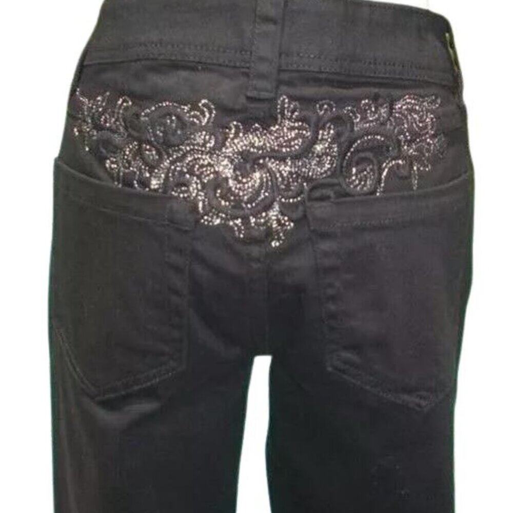 Cache Black Silver Metallic Embroidery Jean Pant Ankle Stretch New $98 NWT